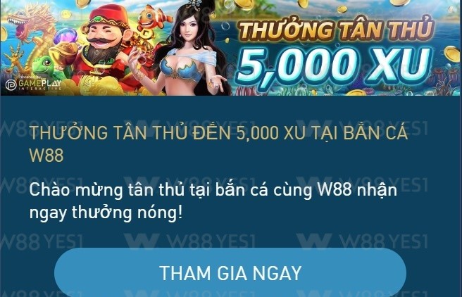 Biểu ngữ khuyến mãi của W88 với thưởng 5.000 XU cho người dùng mới