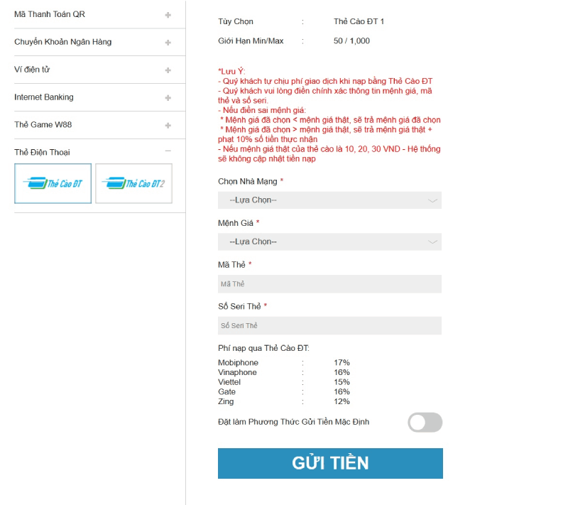 Giao dịch bằng cách nạp thẻ điện thoại W88
